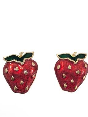 Avon Vintage Strawberry Red & Green Enamel Stud Earrings, Like New, No Callouts